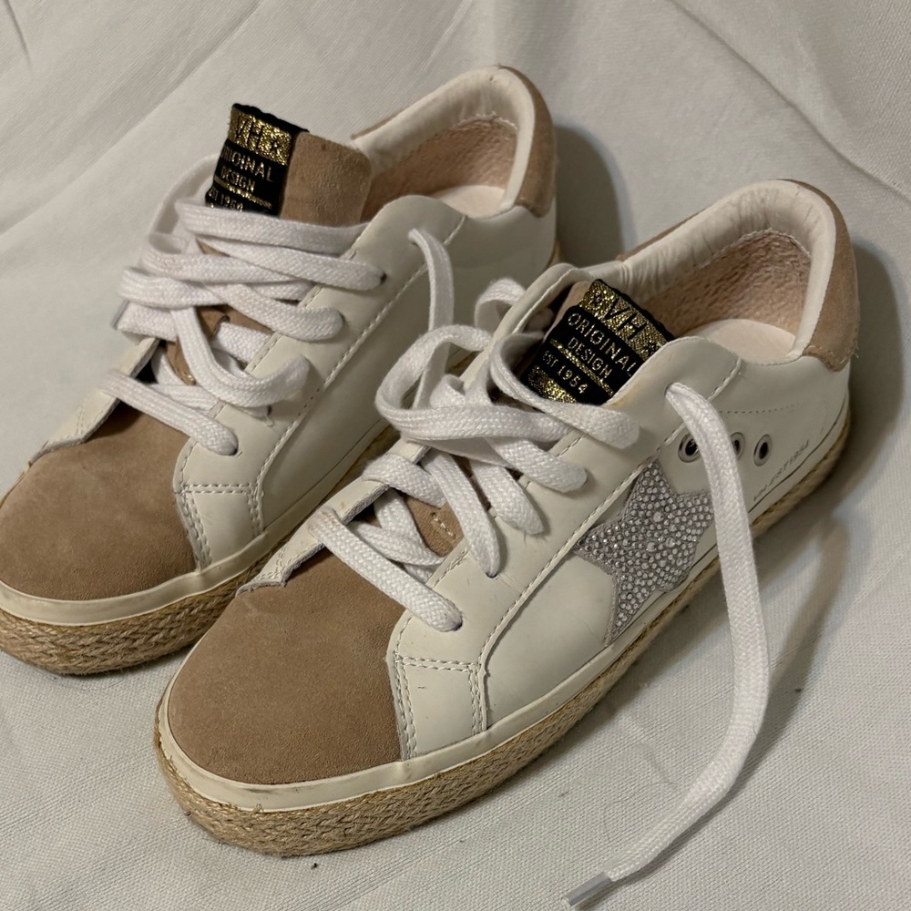 White and Tan Sneakers with Star Detail